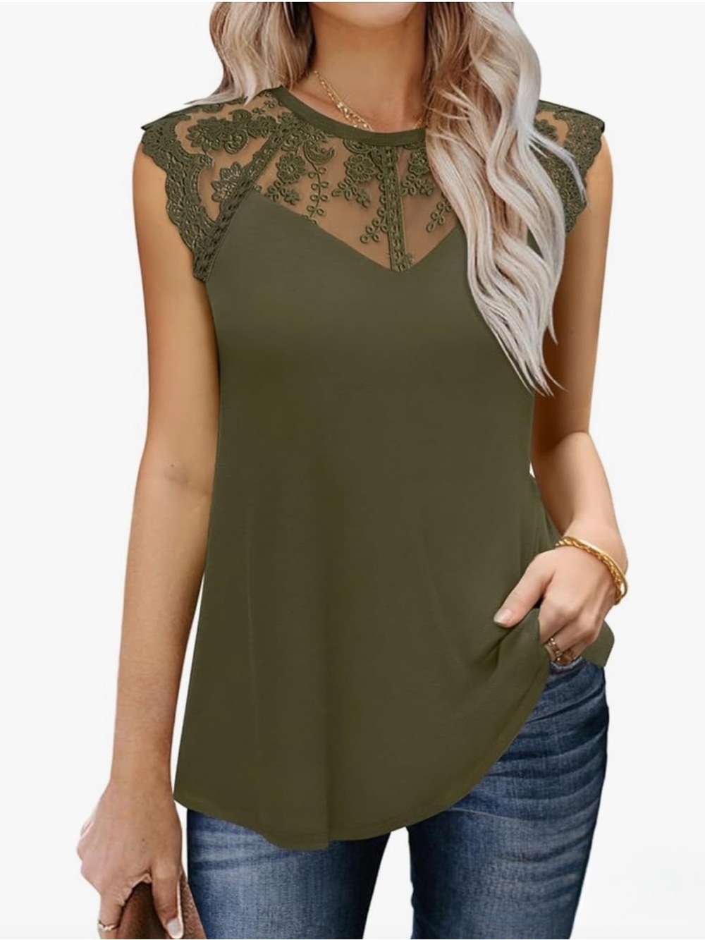 Lace Yoke Sleeveless Top in Olive Green